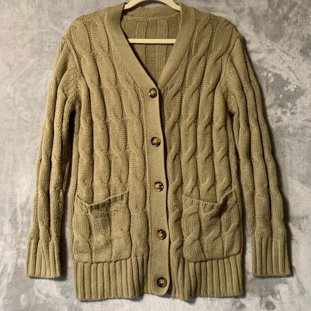 Vintage Cardigan Sweater Medium Green Cable Knit V-Neck Chunky Soft‎ Grandpacore